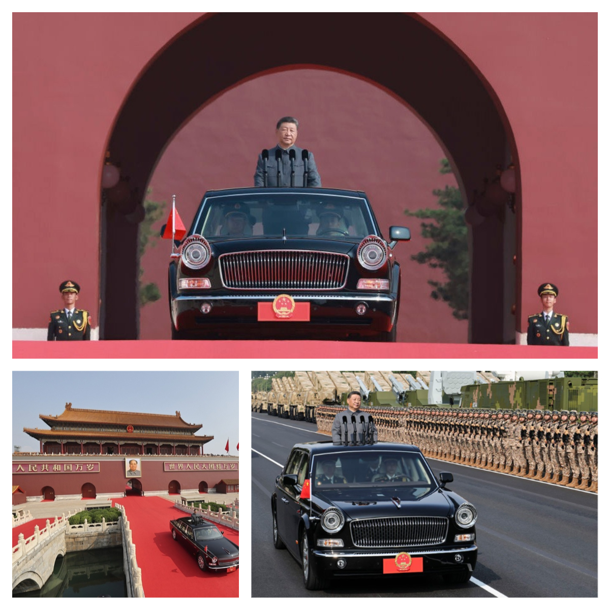 習(xí)主席身著中山裝，乘坐紅旗檢閱車緩緩駛出天安門城樓